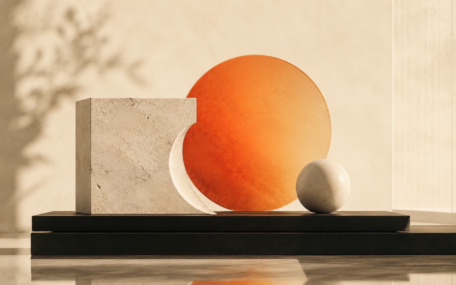 Architectural studio still life with stone block, sphere, black plinth, and burnt orange circle.
