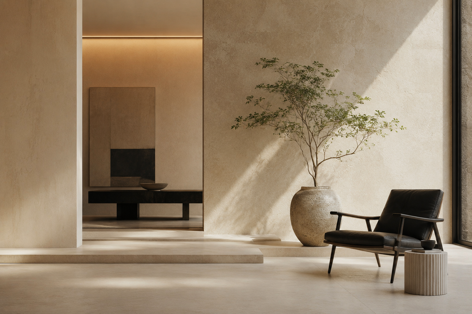 Premium studio interior with chair, plant, and stone wall.