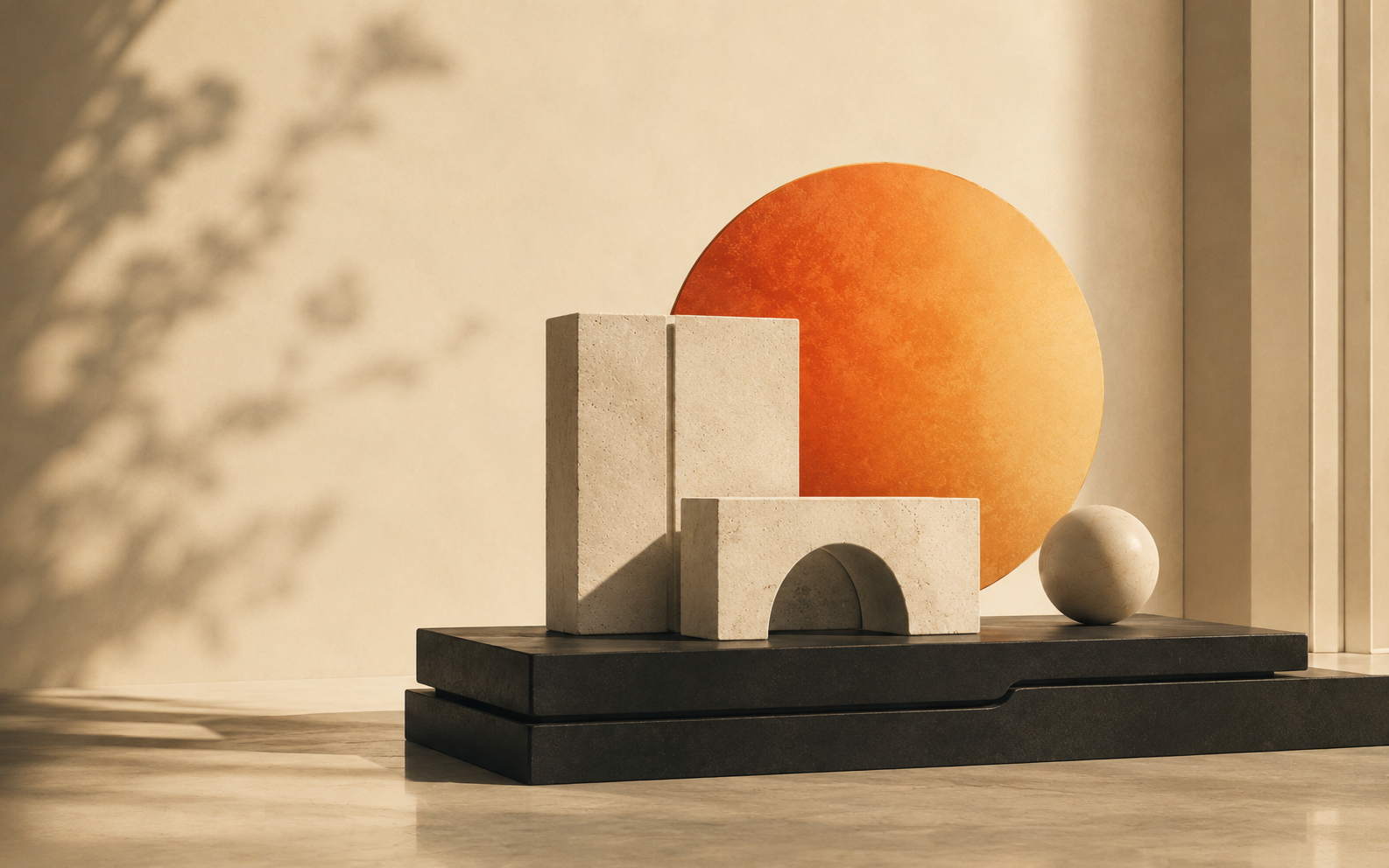 Stone blocks, sphere, black base, and burnt orange circle in a warm studio setting.