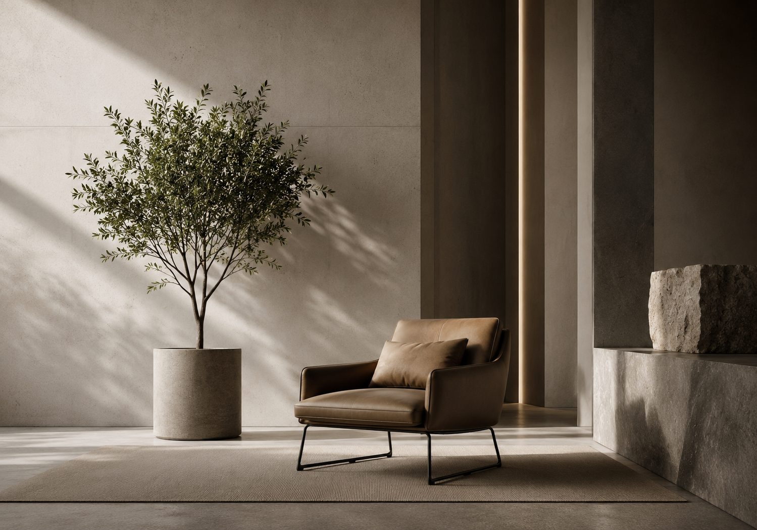 Quiet studio interior with chair, plant, and warm architectural light.