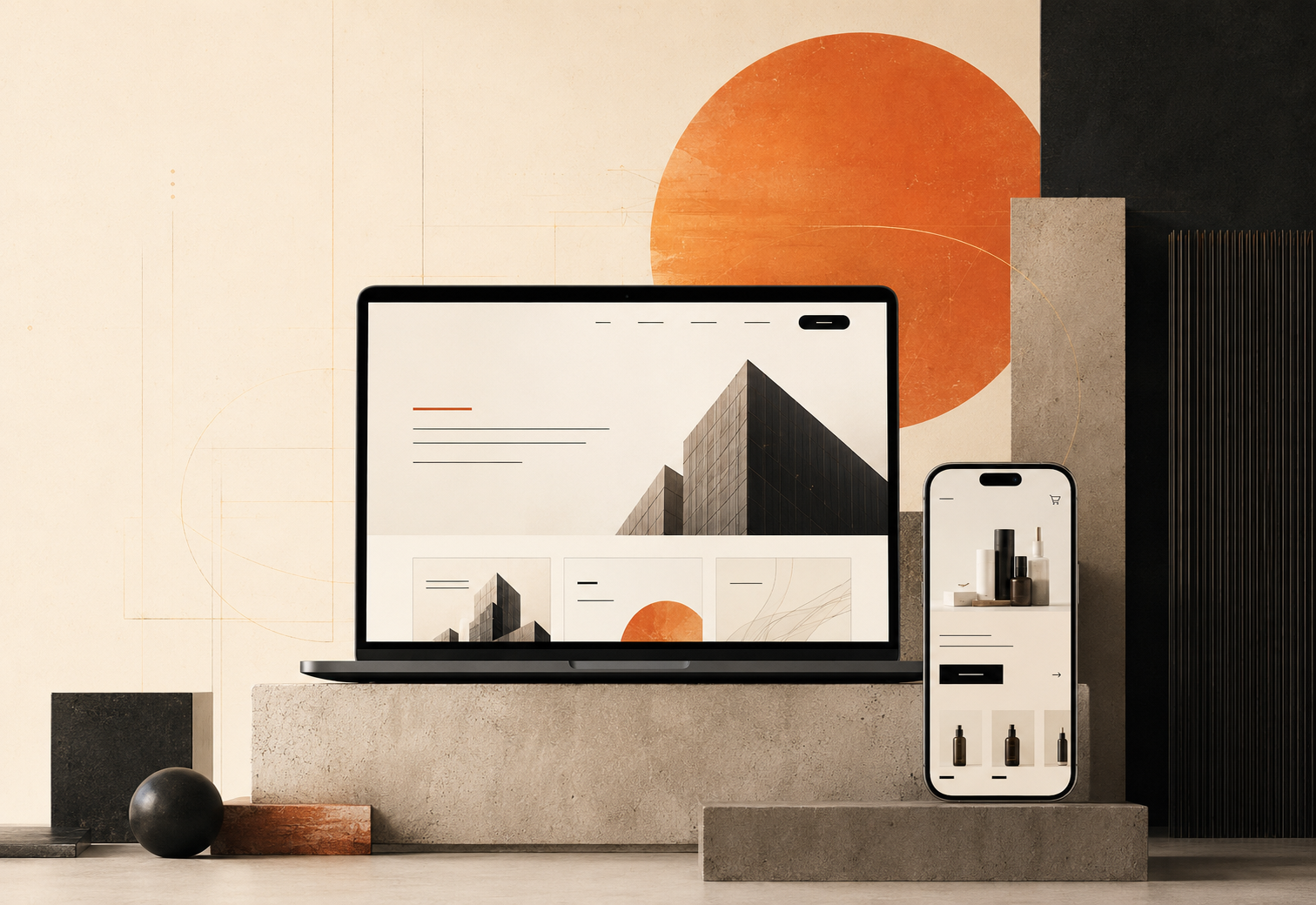 Premium website and mobile interface mockups arranged with architectural stone forms.