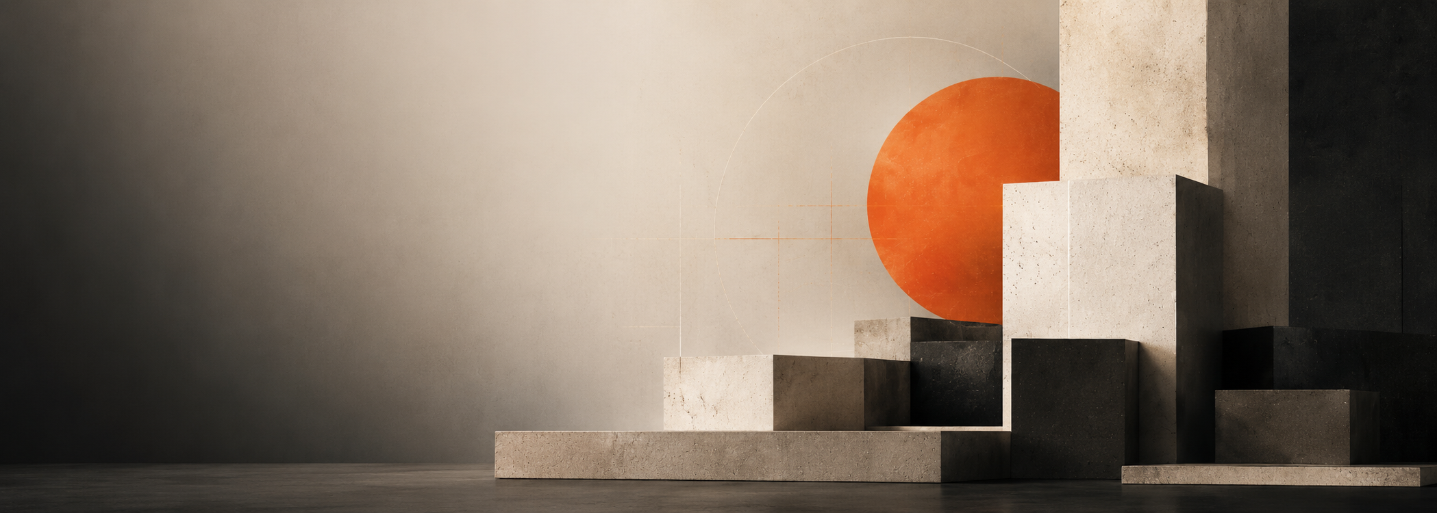 Abstract stone blocks and burnt orange circle in a studio composition.