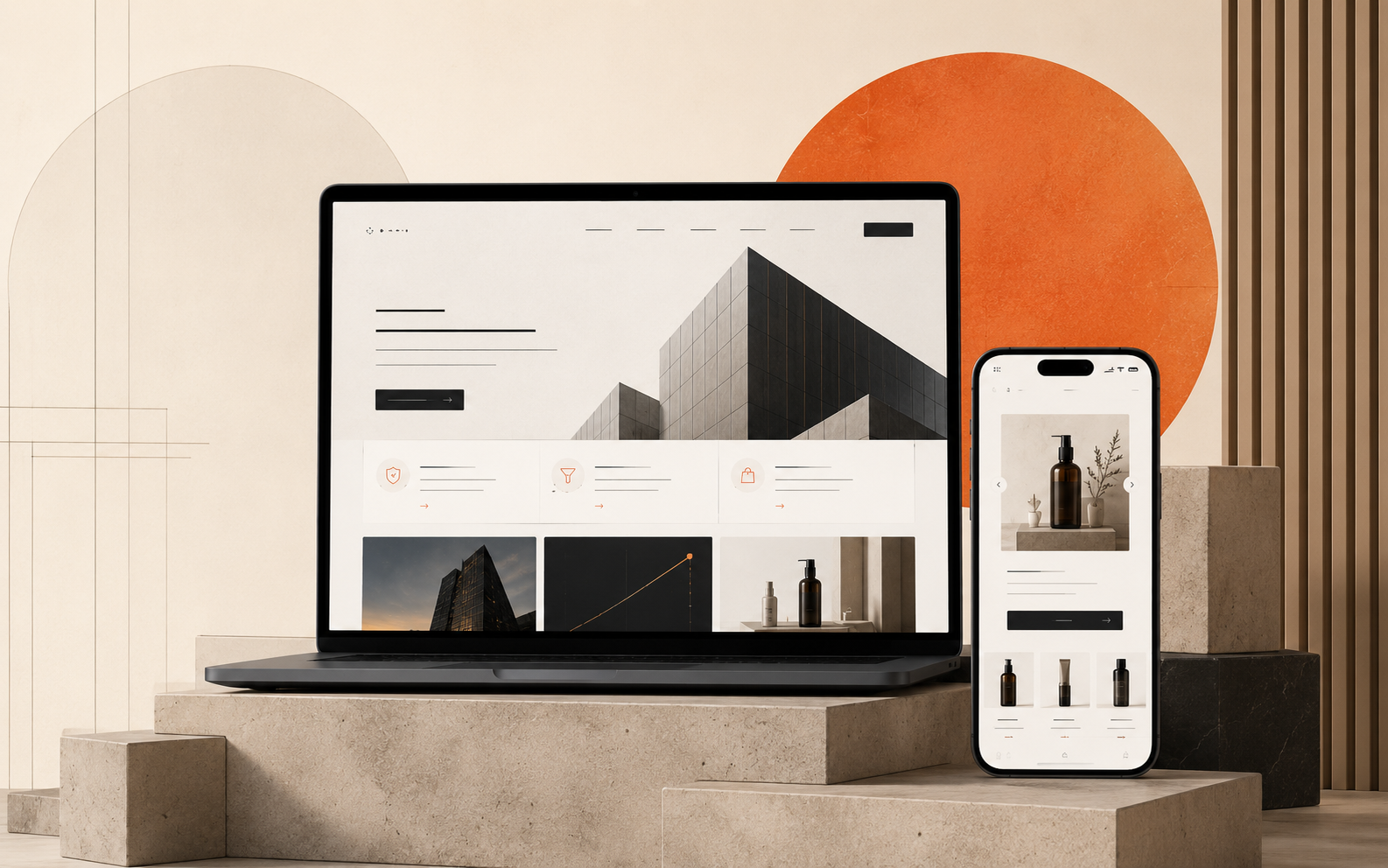Website and mobile commerce mockups arranged with stone blocks and a burnt orange circle.